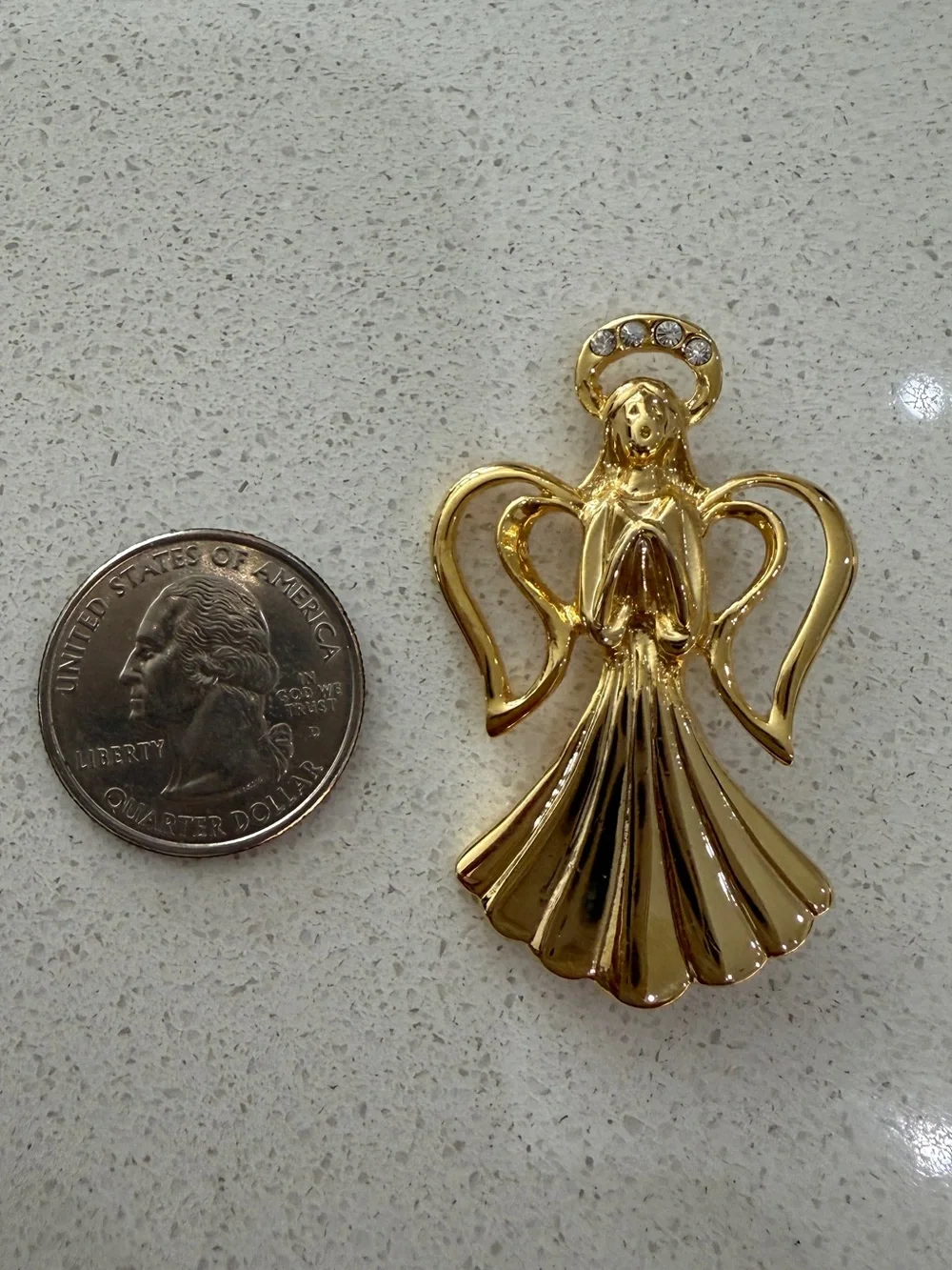 Vintage Gold Tone Angel Brooch Rhinestone Halo Heart Wings